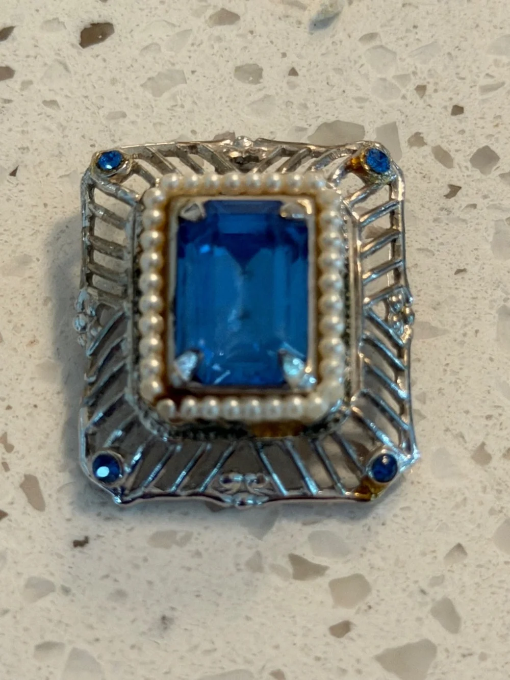 Vintage Gold Tone, Pearl  And Blue Glass Brooch